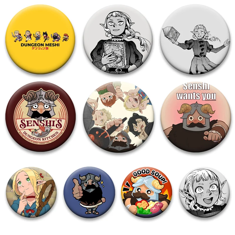 

Exquisite Cartoon Badge Anime Delicious in Dungeon Brooches on Backpack Accessorys Round Snap-in Pins for Jewelry Gifts Decor