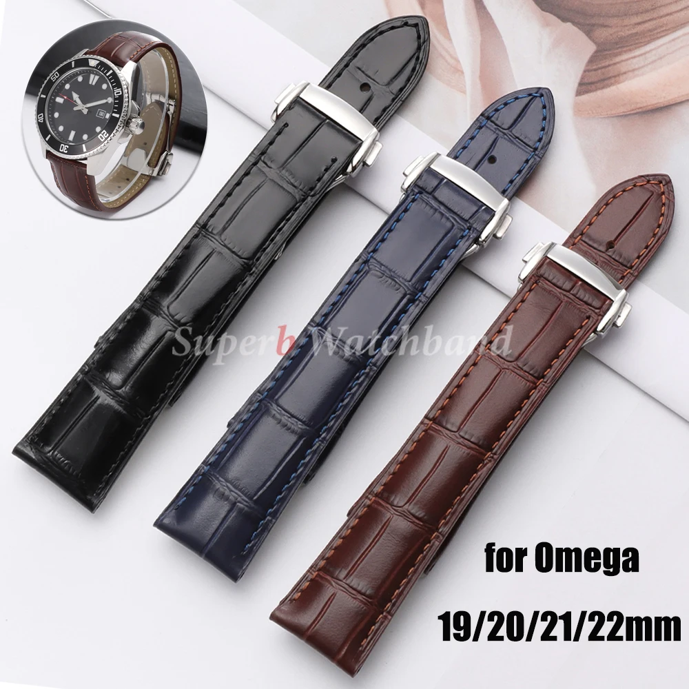 Genuine Cowhide Strap 19mm 20mm 21mm 22mm for Omega Seamaster Folding Buckle Waterproof Calfskin Watch Band Bracelet Men Women