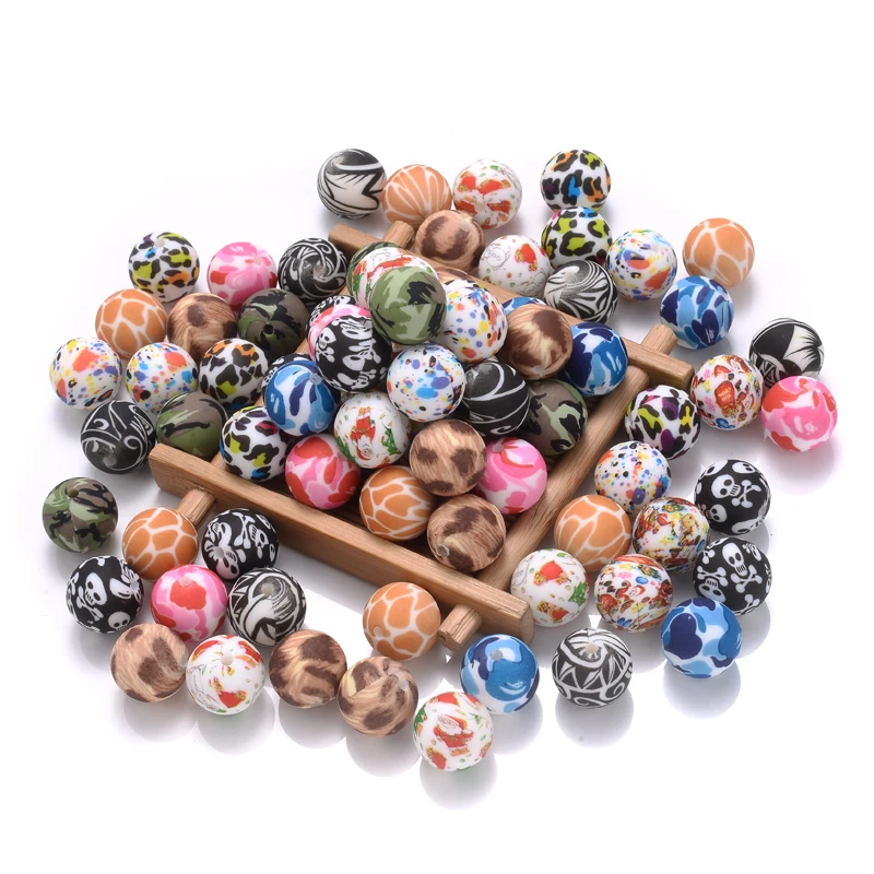 10Pcs 15mm Colorful Print Leopard Pattern Silicone Beads Ball Shape Teething Jewelry Beads For Teether Pacifier Chain Necklace