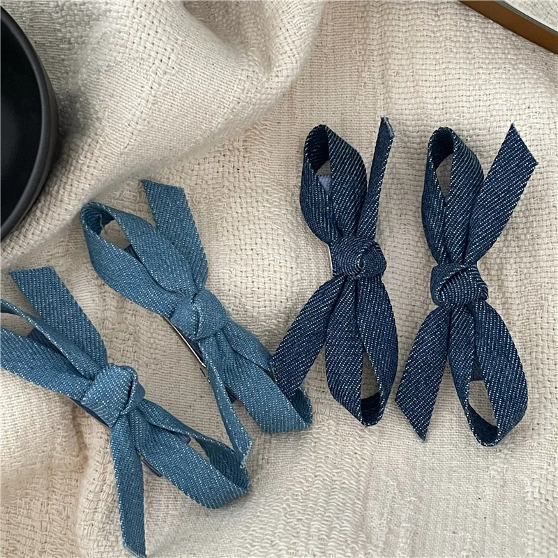 Fashion Personality Denim Blue Fabric Bow Barrettes a Pair of Hairclips Side Shredded Hair Bangs Clip Duckbill Clip New