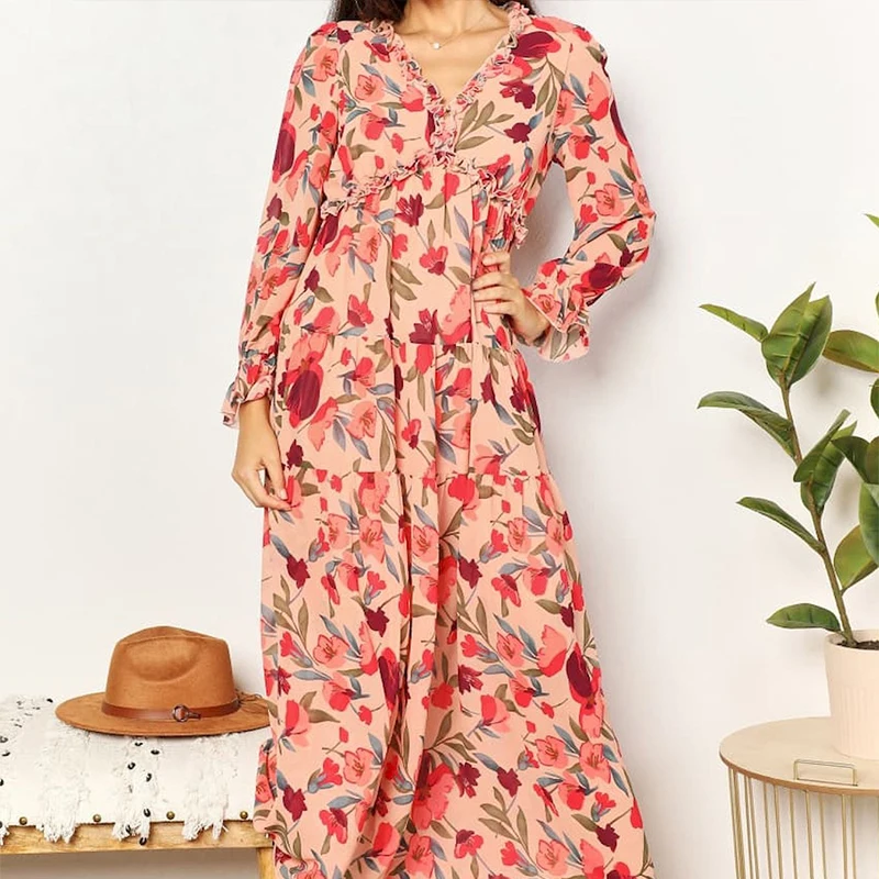 Elegante floral feminino verão praia vestido longo primavera casual plissado em camadas de manga comprida vestidos maxi vestidos de festa