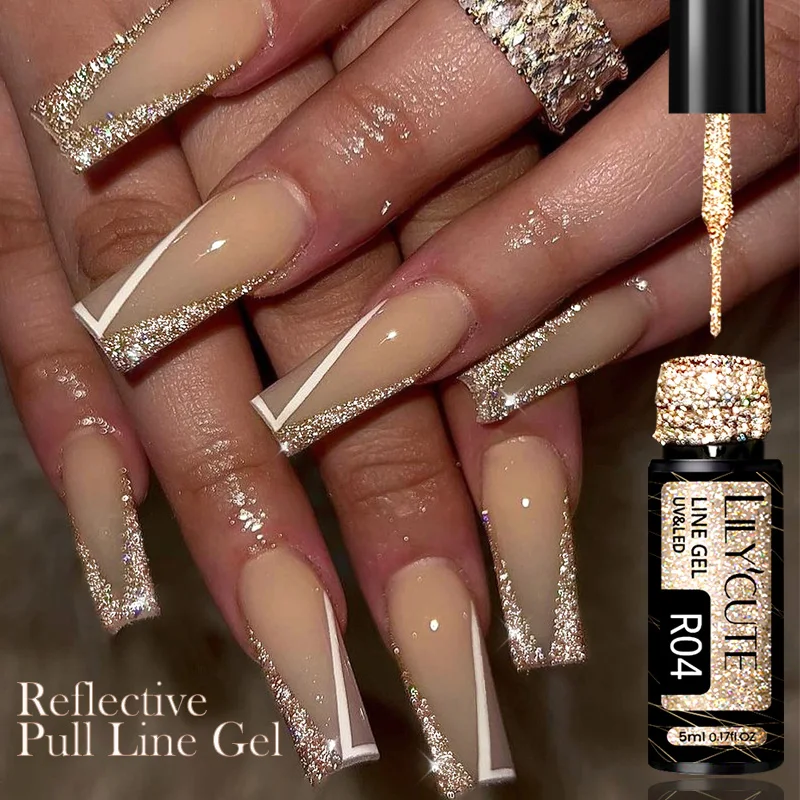 LILYCUTE Champagne Gold Reflective Pull Line Gel Nail Polish Laser Sparkling Glitter French Ultra-thin Line Drawing Painting Gel