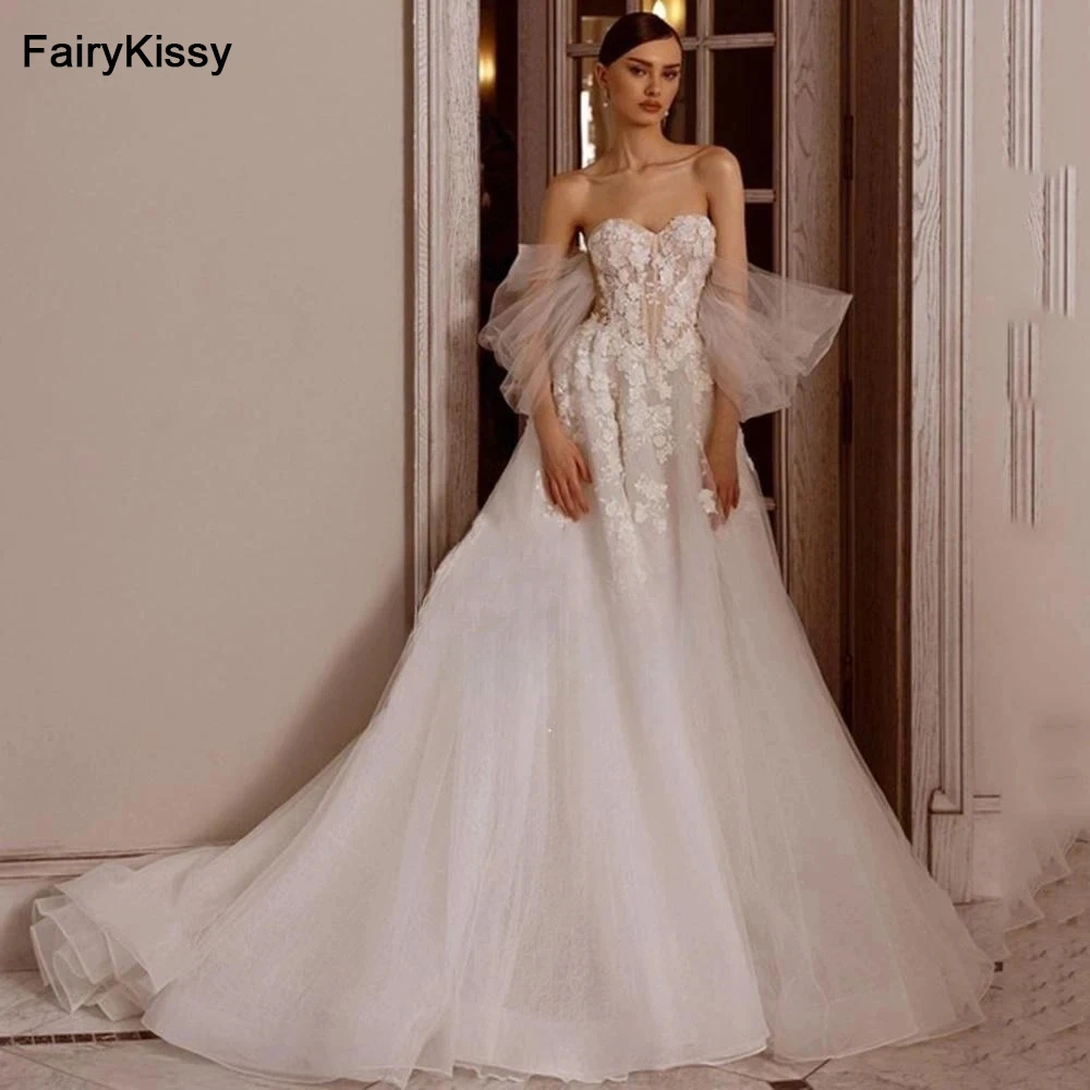 

FairyKissy Elegant Strapless Wedding Dresses Lace Appliques A-Line Tulle Robes Floor Length Bridal Gowns Vestidos De Novia