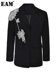 [EAM] Women Black Rhinestone Flower Big Size Blazer New Lapel Long Sleeve Loose Fit Jacket Fashion Spring Autumn 2024 1DF7614