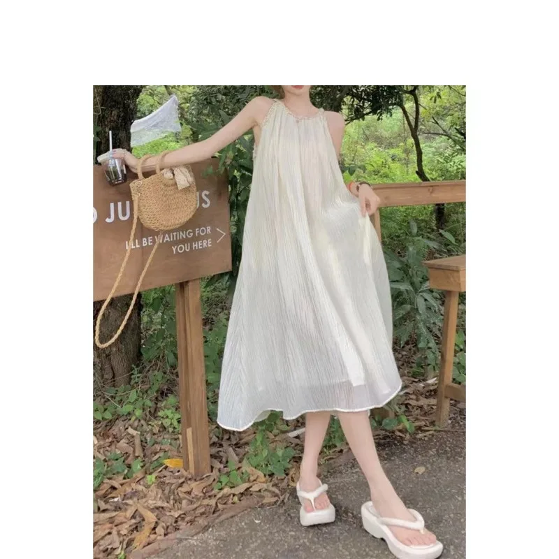 Summer Halter Sleeveless Women's Solid Bright Silk Distressed Pullover Casual Elegant Loose Office Lady Vintage Knee Dress