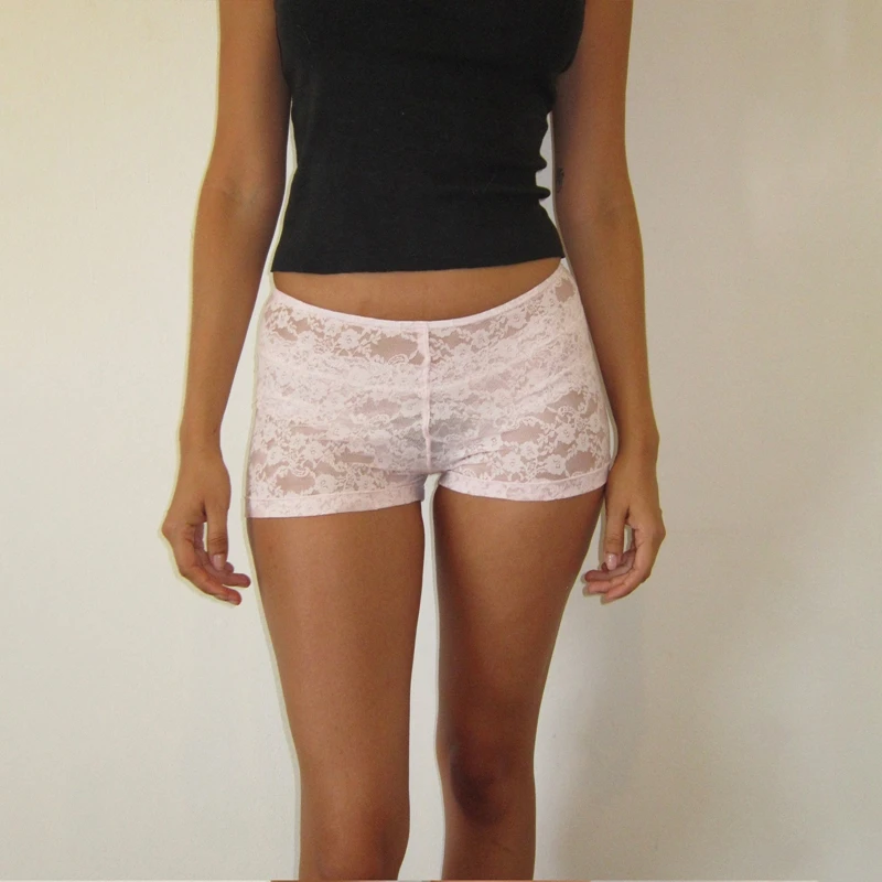 Maemukilabe Vrouwen Y2k Kant Mesh Bloemen See Through Mini Shorts Lage Taille Rave Skinny Hot Pants Zomer Casual Streetwear Outfit