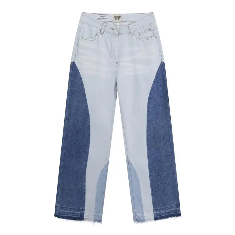 

American Retro Waed Patchwork Wide Leg Straight Cut Jeans Elliptical Splicing Casual Long Trousers for Young Men