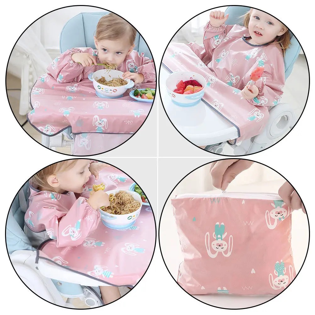 

1Pcs Baby Waterproof Long Sleeve Bib Apron Cartoon Buckle Design Infant Dining Feeding Coverall Smock Long Sleeve Bib