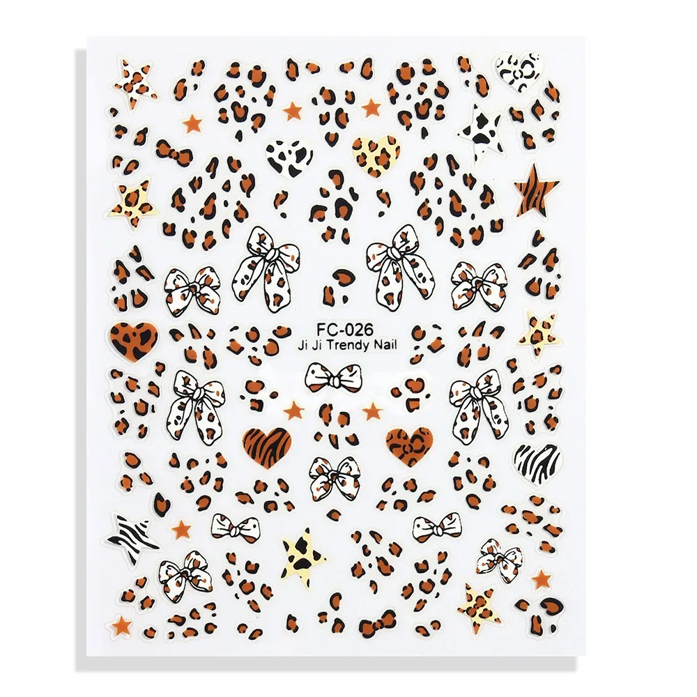 3D ヒョウ弓ハートネイルステッカーかわいいヒョウ柄リボンスターネイルアートデカール秋冬 8*10 センチメートルマニキュア装飾