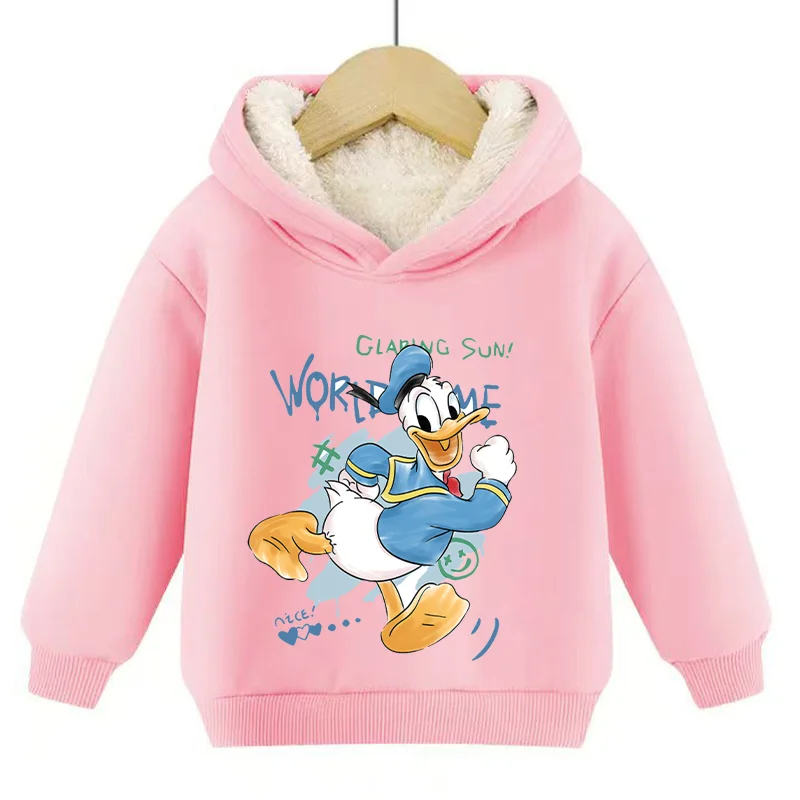 Kawaii Mickey Minnie Child Hoodie Sweatshirt Disney Anime Winter Kids Thick Clothes  Donald Duck Daisy Pink Winter Warm Coat Top