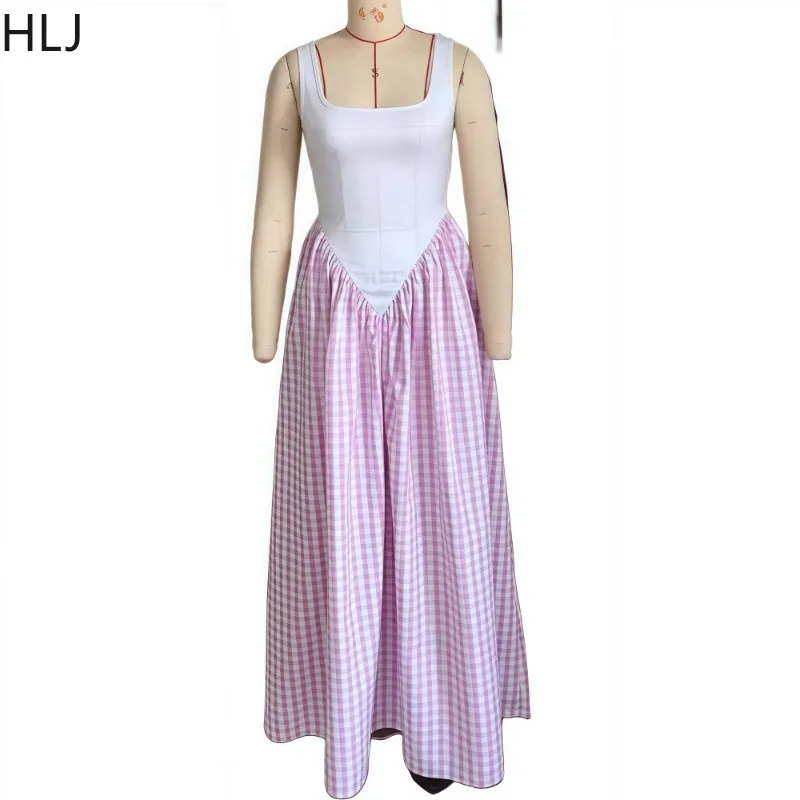 HLJ Fashion Plaid Patchwork Bodycon Long Dress for Woman Solid Color Sleeveless Tank Maxi Dress Female Streetwear Vestidos New