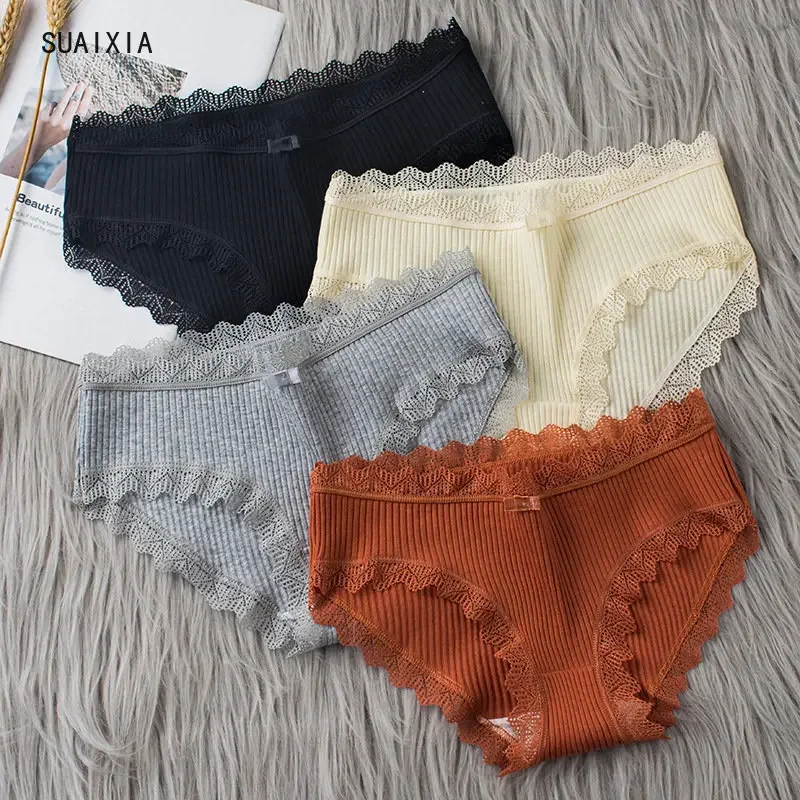 Calcinha de renda respirável de cintura média para mulheres, cueca roscada, breve de cor sólida, cueca feminina amiga da pele, moda casual, 2024