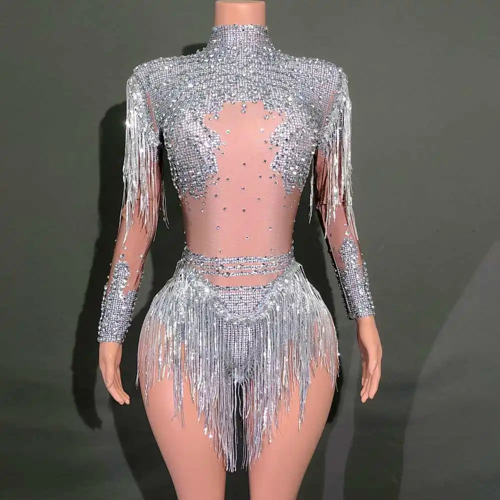 

Sparkly Rhinestones Sequins Tassel Leotard for Women Sexy Performance Dance Costume Dancer Bodysuit Show Stage Wear Club Outfit