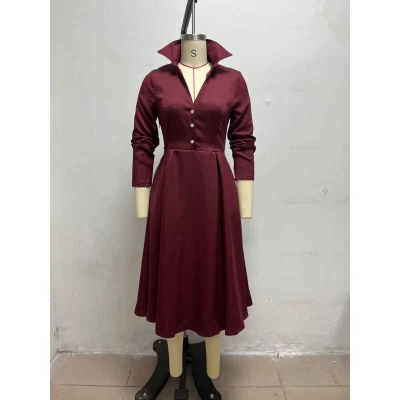 Elegantes Damen-Midikleid mit Hemdkragen, langen Ärmeln, V-Ausschnitt, Knopfleiste vorne, A-Linien-Schnitt, ausgestellter Rock und Taschen – ideal für Büro, Party oder formelle Anlässe. – Detail 6