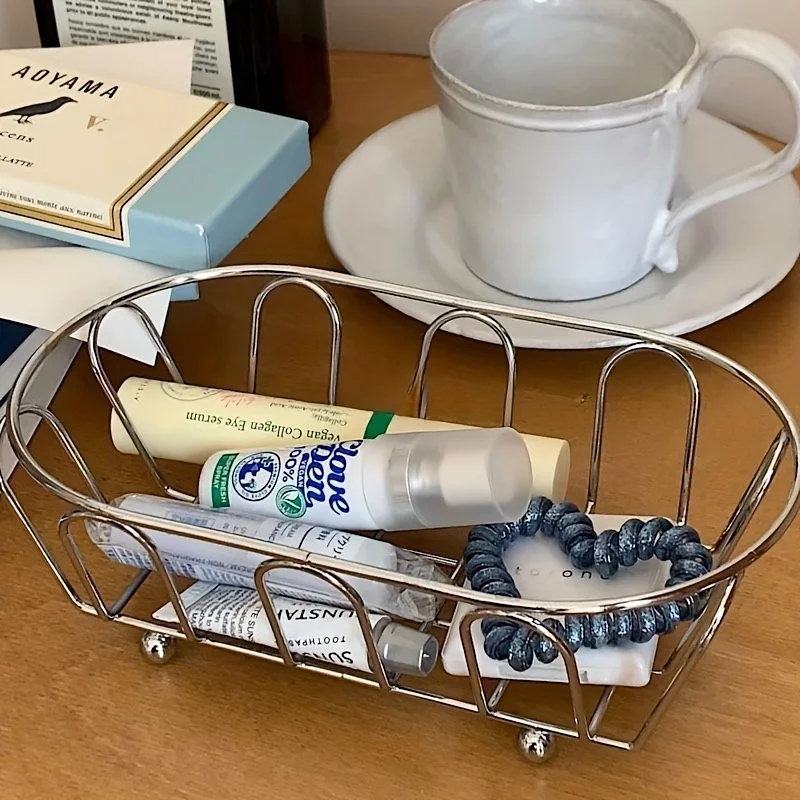 1 قطعة سلة تخزين من الفولاذ المقاوم للصدأ منظم متعدد الأغراض للملحقات ومستحضرات التجميل والزينة والمكتب ودعائم الصور وسلال الرف