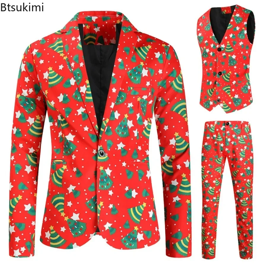 2024 Christmas Suits for Men Funny 3D Print Single-Button 3 Pieces Blazer Sets With Vest Trousers Fashion Casual Men\'s Clothing