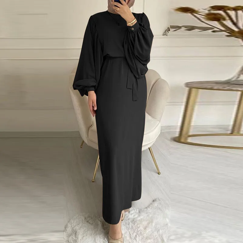 Muzułmańska sukienka damska Abaya Malay Fashion Lantern Sleeve Bundle Waist Wrap Hip Round Neck Robe