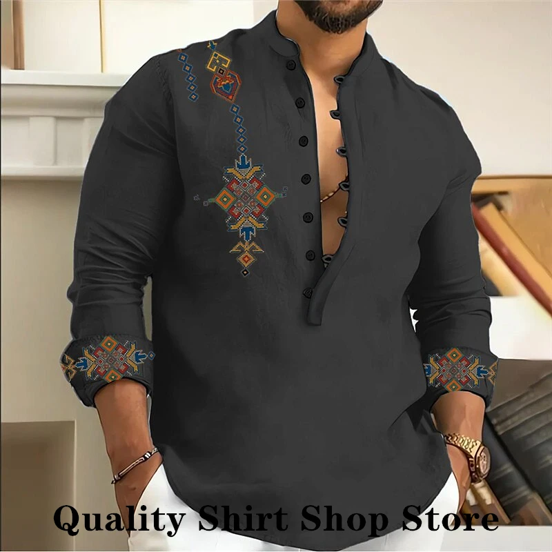 Men's shirt tribal pattern print retro geometric stand collar black pink blue green gray outdoor street long sleeve shirt