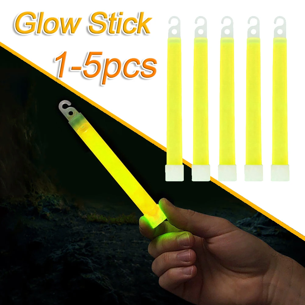 1-5pc Fluorescence Light Glow Sticks w/ Hook 6 inch Glowing Stick for Hiking Camping Outdoor Emergency Concert Party Light Stick