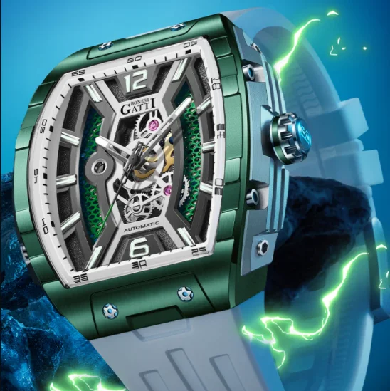 

BONEST GATTI Мужские автоматические часы 46 мм Механические наручные часы Скелет Водонепроницаемый сапфировый Tonneau Светящийся ремешок из фторкаучука
