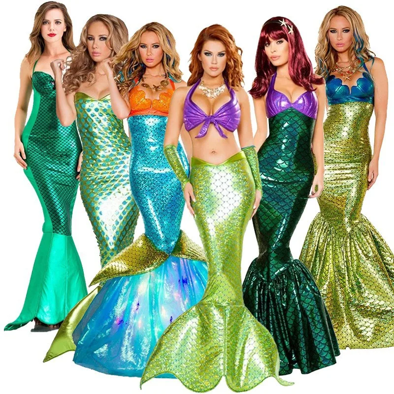 Disfraz de Halloween de sirena para adultos, vestido de princesa con lentejuelas, Sexy, envoltura en el pecho, vestido de noche