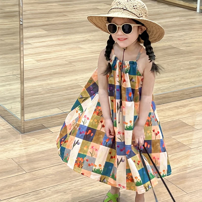 

Korean Baby Clothes Girls Dresses Patch Flowers Summer Sleeveless Dress Children Clothing Sling String Princess Kids Short Skirt