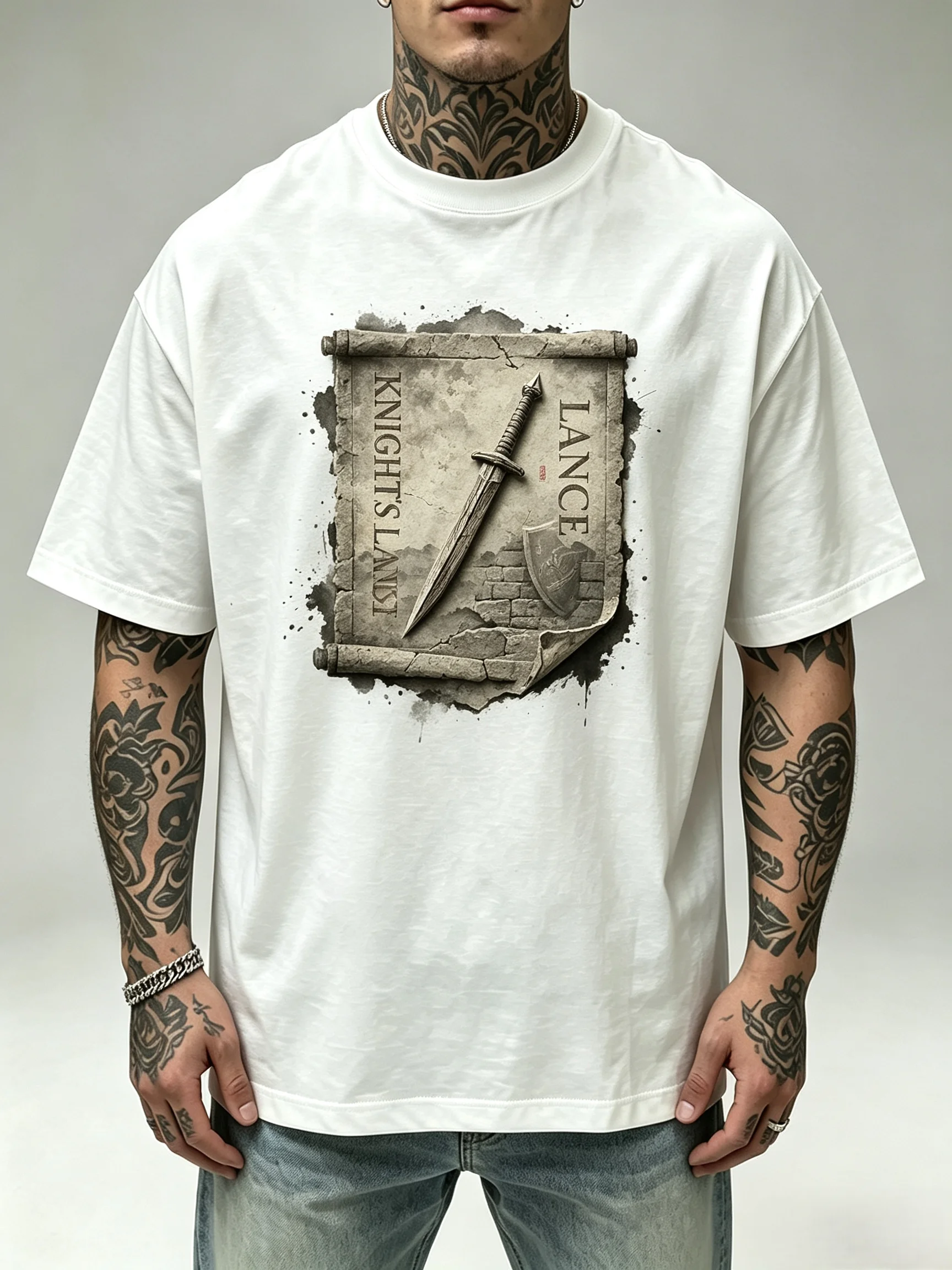 Unisex Knight's Lance Scroll T Shirt Men Women Medieval Warrior Graphic Oversized Short Sleeve T-shirt Vintage Streetwear Tops
