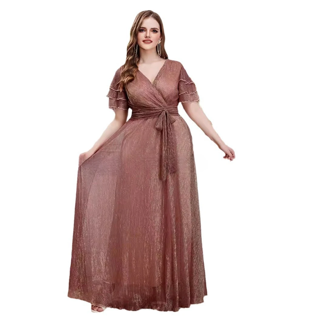 

Elegant V-neck High Waist Lace Up Plus Size Long Bridesmaid Dress With Short Sleeves