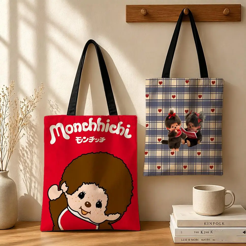 Character M-Monchhichi Storage Bags Canvas Bags Are Suitable for School, Shopping, Travel, Work, and Grocery Shopping