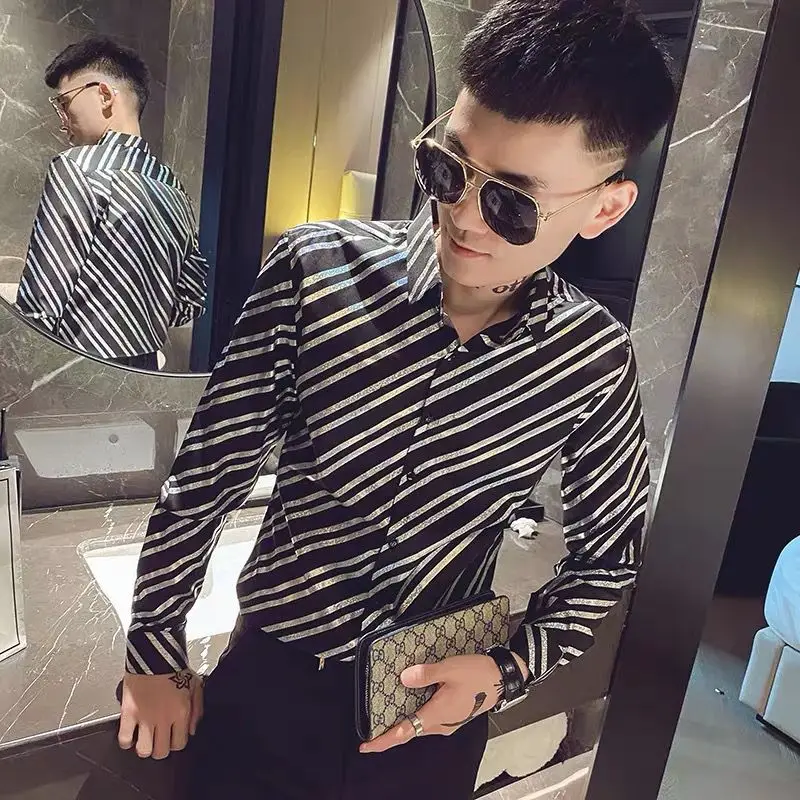 Spring Autumn New Fashion Striped Solid POLO Collar Long Sleeve Blouse Men\'s Clothing Casual Loose Thin Versatile Chaopai Shirts