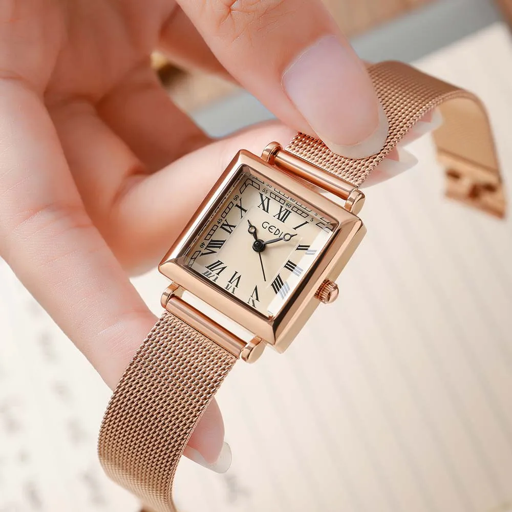GEDI Women's Roman Vintage Small Square Dial Waterproof Quartz Watch - Luxury Mesh Strap Wristwatch for Ladies