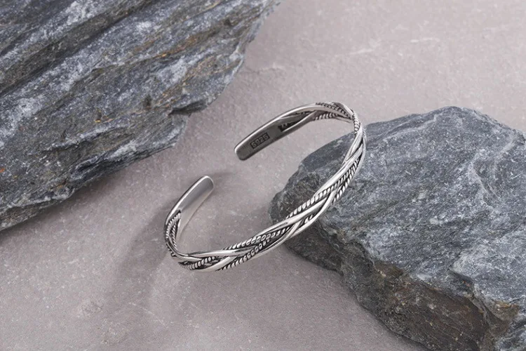 Neuer Vintage Thai Silber Geflochtener Gedrehter Armreif 925 Sterling Silber Schmuck Offene Armbänder SL008 – Detail 4