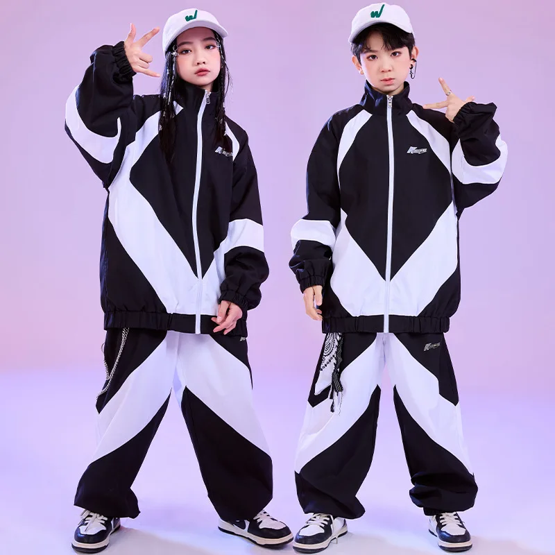 

Kid Hip Hop Clothing Black White Color Block Windbreaker Jacket Casual Jogger Pants for Girl Boy Jazz Dance Wear Costume Clothes