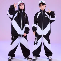 Kid Hip Hop Clothing Black White Color Block Windbreaker Jacket Casual Jogger Pants for Girl Boy Jazz Dance Wear Costume Clothes
