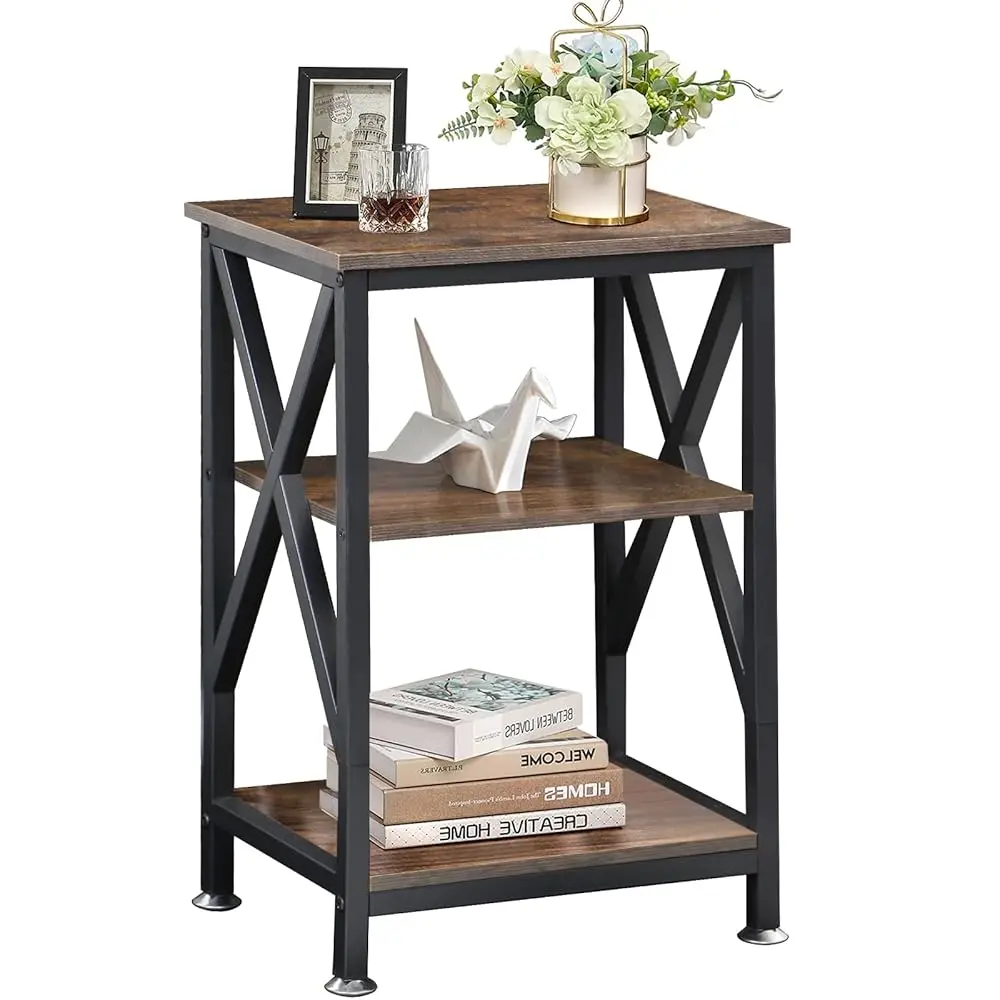 

End Tables With Storage Shelf, 12"" D X 16"" W X 24"" H, Small Side Table 3-Tier, End Tables Living Room Farmhouse, X-Shaped