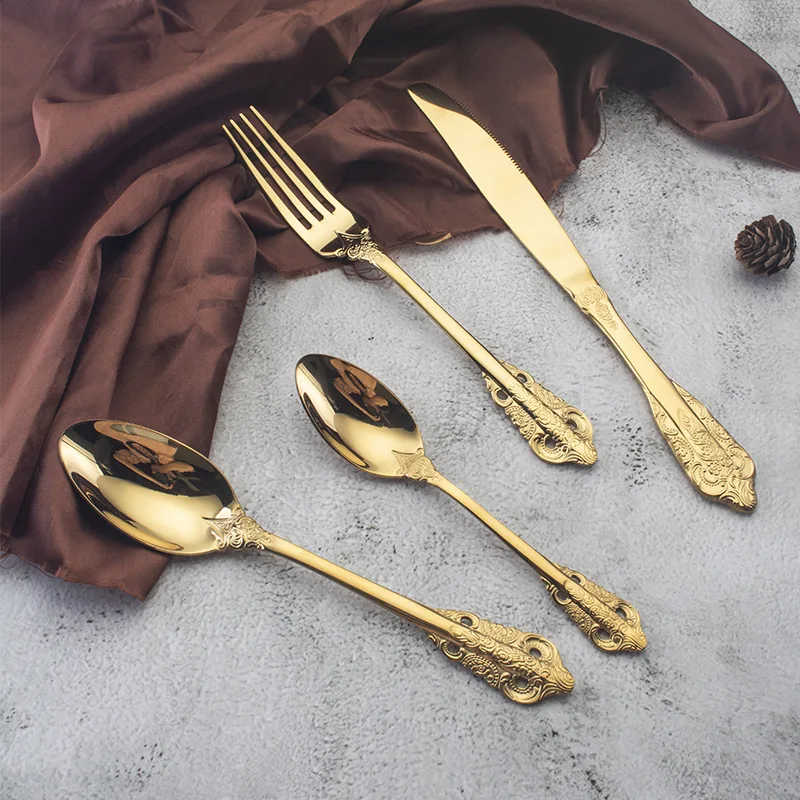 Stainless steel western tableware antique relief flower, bright mirror steak knife fork and spoon dinnerware set cutlery set