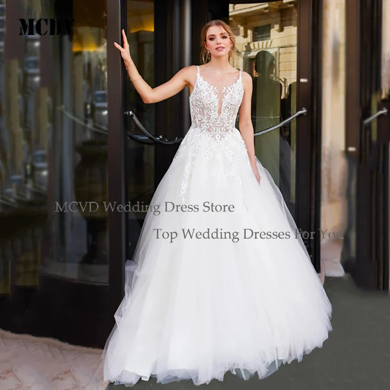 

MCDV Boho A Line Backless Wedding Dress for Women V Neck Lace Appliques Tulle Sexy Princess Bridal Gown Custom Available