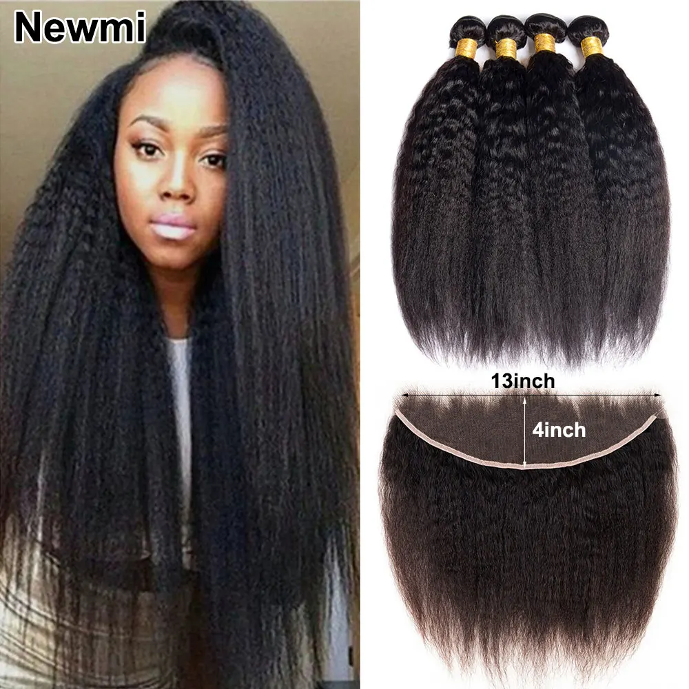 

Kinky Straight Human Hair Bundles with Frontal Closure Newmi 3 4 Bundles Yaki Straight Hair with 13x4 Transparent Lace Frontal