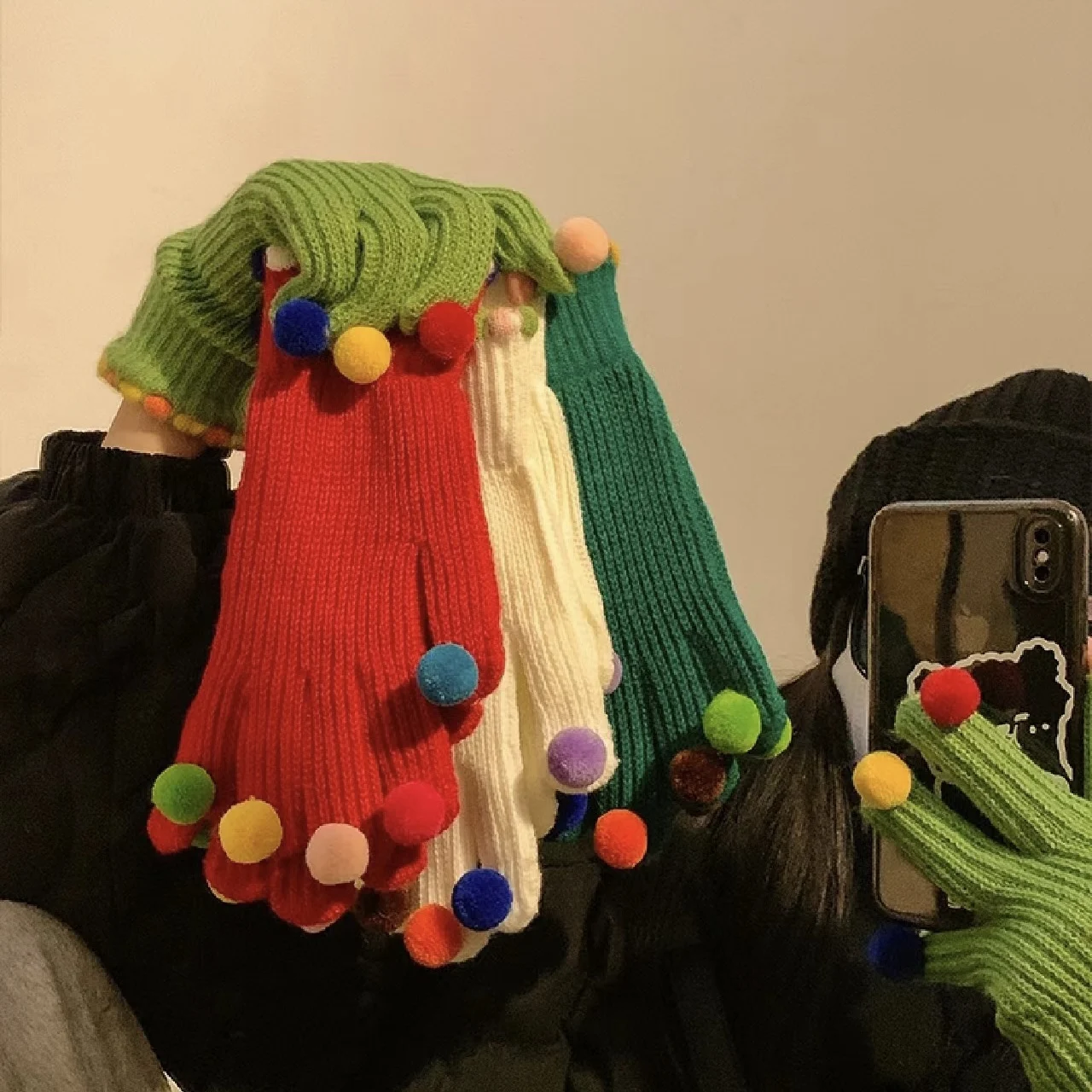 Christmas colorful hairball ins miss the New Year atmosphere knitted wool cute funny colorful gloves