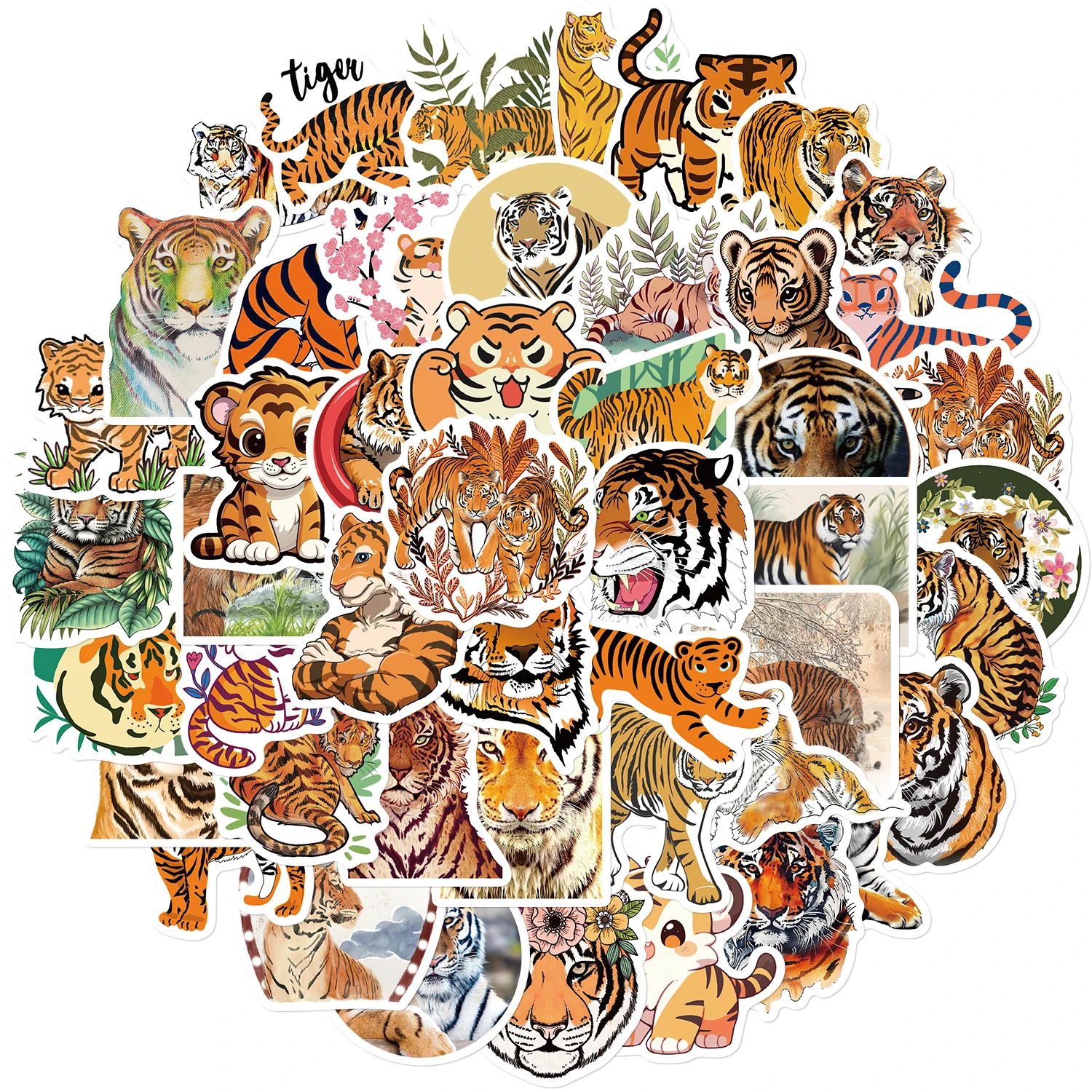 50PCS Creative Cartoon Cute Tiger Animal Stickers Decoration DIY Laptop Scrapbook Skateboard Graffiti Waterproof Sticker Toy