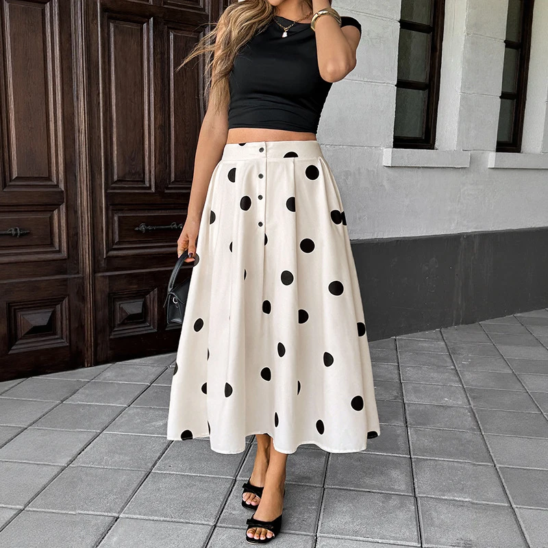 Summer Polka Dot Midi Skirt High Waist Button Front Pleated Flowy A Line Casual Vintage Dress for Woman Clothes ﻿