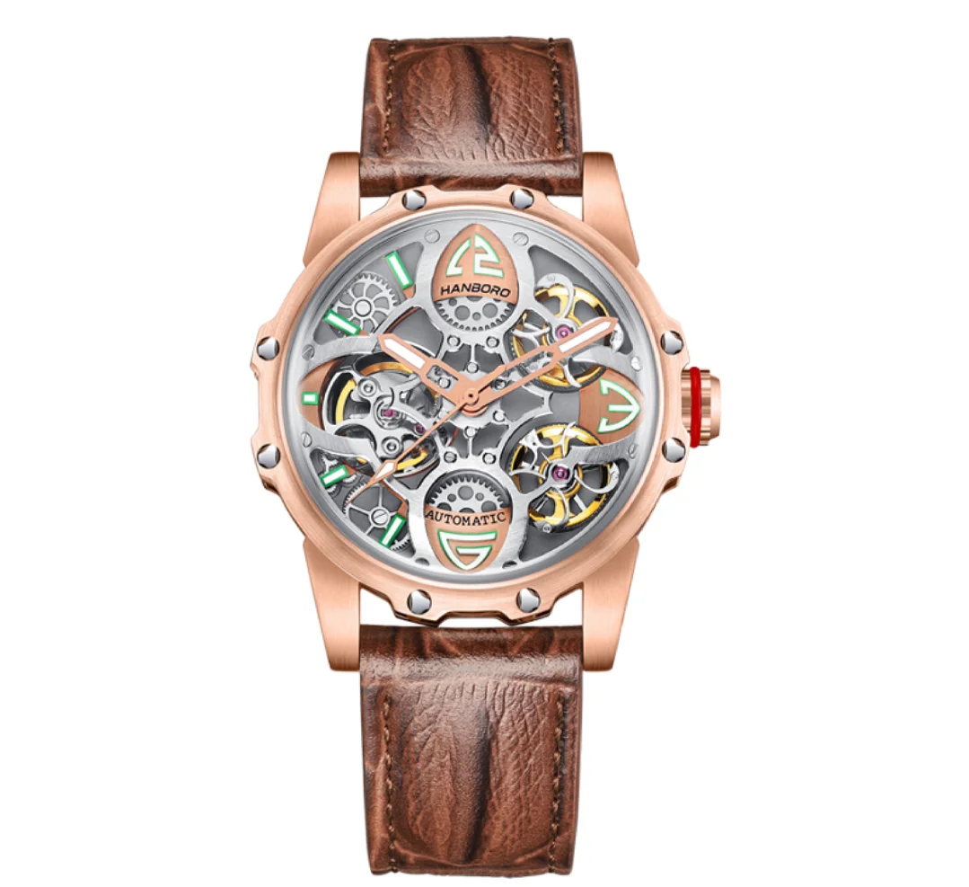 

HANBORO skeleton Automatic women Mechanical Watches Top brand luxury lady Steel case Leather strap business Watch montre femme