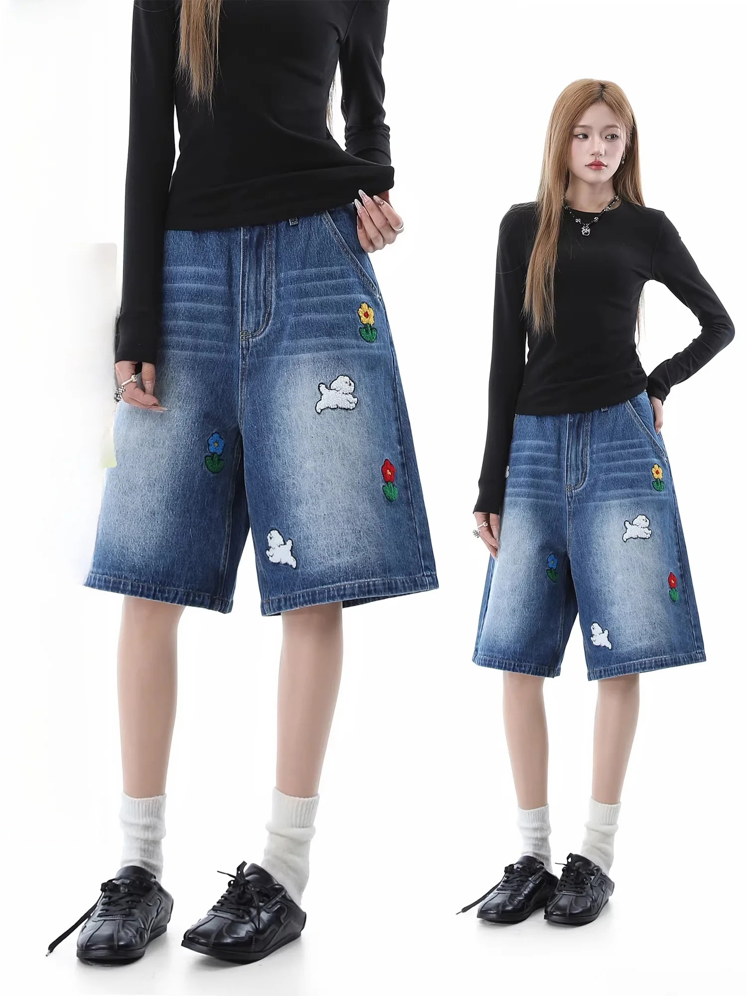 

Summer Blue Washed Denim Short Pants Women's High Waist Wide Leg Pants Embroidered Cute Little Dog Loose Fit Casual Jeans