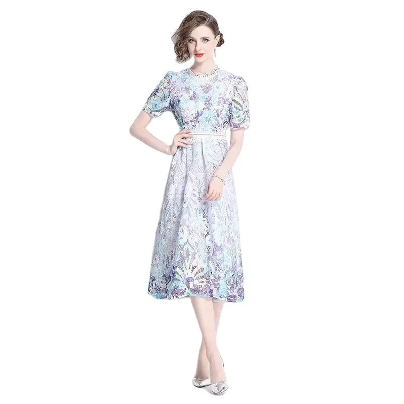 

Traf Summer Luxury Flower Embroidery Hollow Out Lace Dress Women O-Neck Short Sleeve Floral Zipper Slim High Waist Holiday Dress