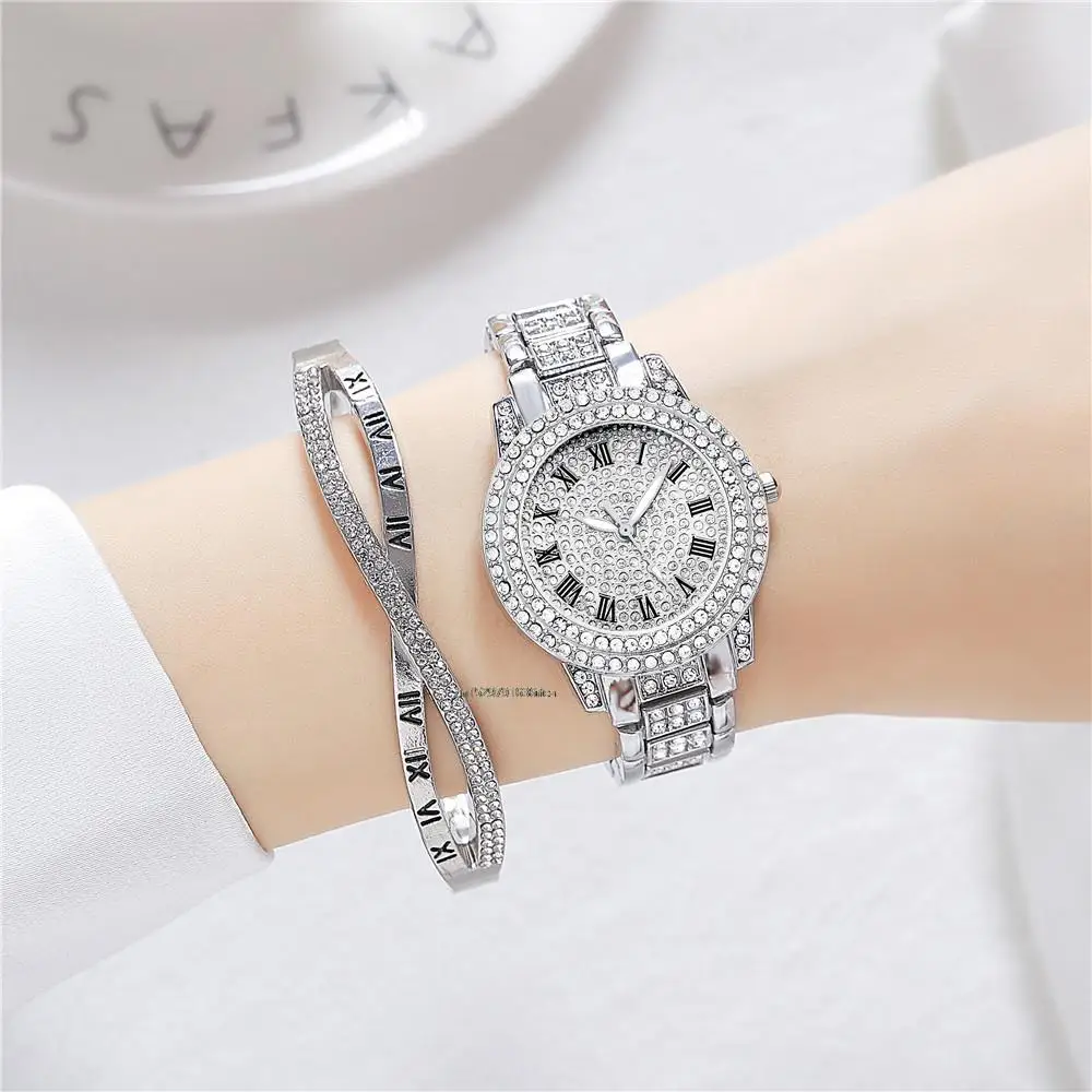 Luxury Women Gypsophila Diamonds Roman Design Gold Quartz Watches Fashion Set Stainless Steel Bracelet Watch Strap Gift Clock