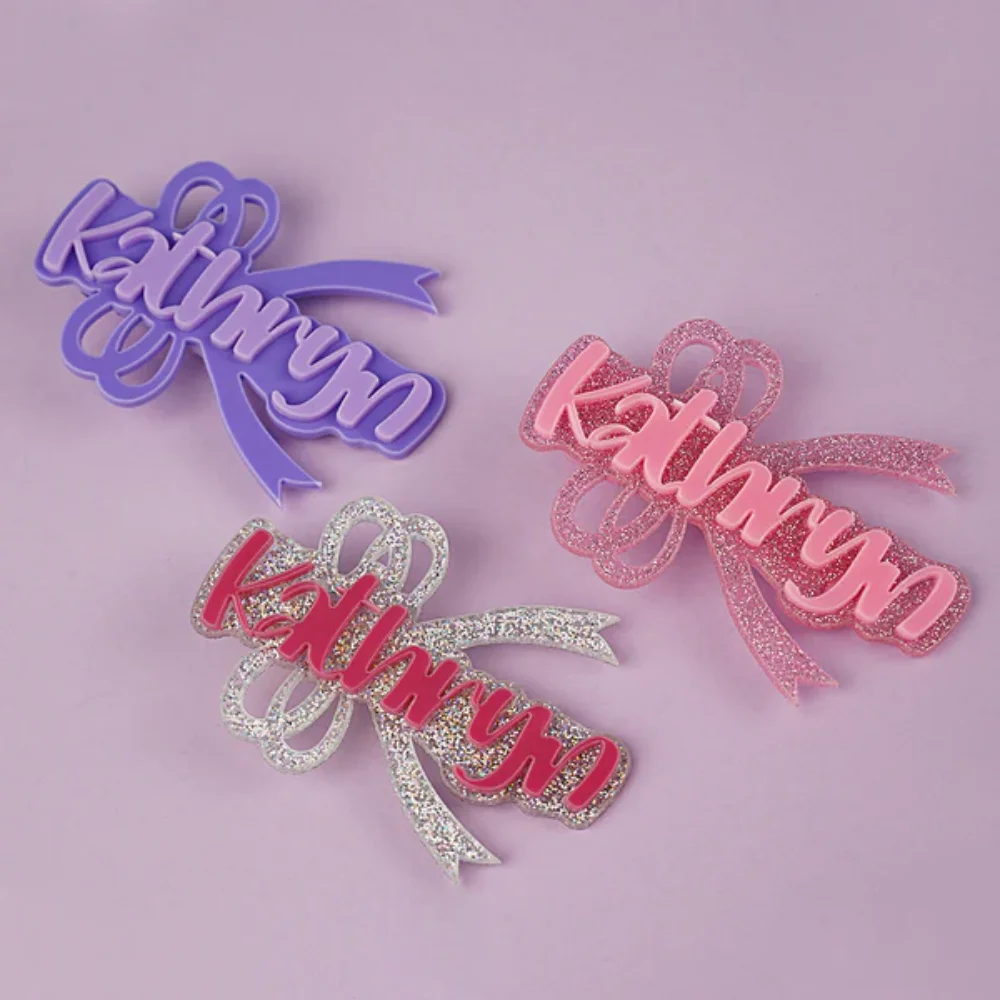 LeeChee Hollow Out Double Bow Custom Name Acrylic Cute Personalized Hair Clip For Girls' Birthday Gift