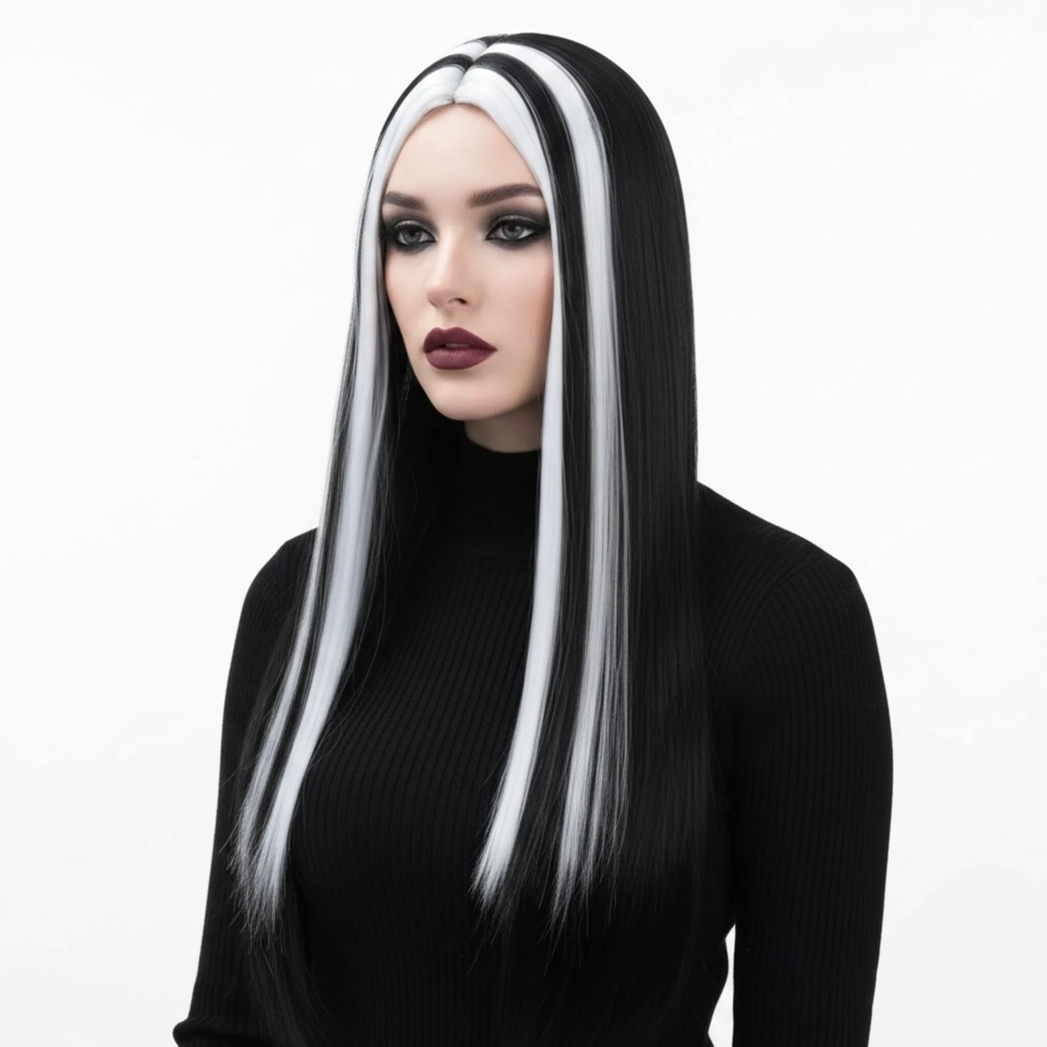 Black & White Highlight Long Straight Wig Heat-resistant Synthetic Hair Wig Adult Cosplay Costume Wig For Party Performance