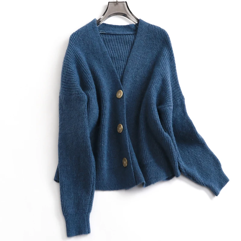 

Women Autumn Winter Solid Color V-neck Single Breasted Knitted Cardigan Gentle Lazy Style Outerwear Long sleeve Sweater