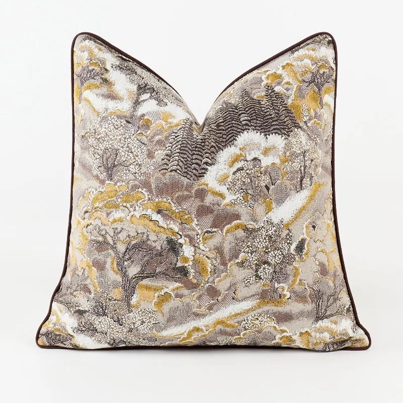Luxury Vintage Abstract Landscape Throw Pillow Case Thick Textured Jacquard Accent Pillow for Sofa Bed Earth Tone Home Decor