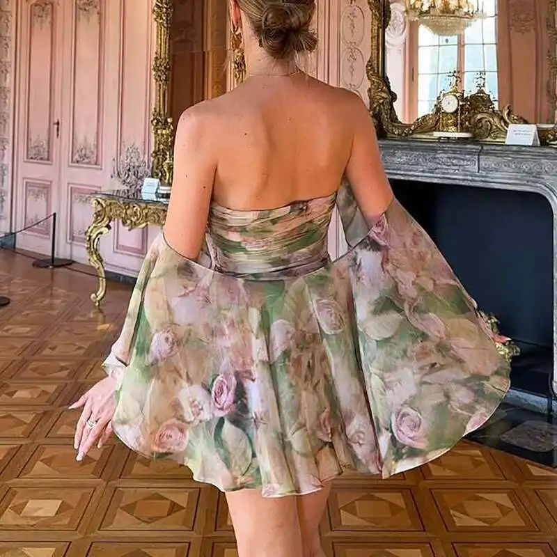 Chiffon High Waist Short Dresses Strapless Ruffle Slim Fit Cake Women's Party Sexy Hollow Out Shoulder Pleated Mini Dress